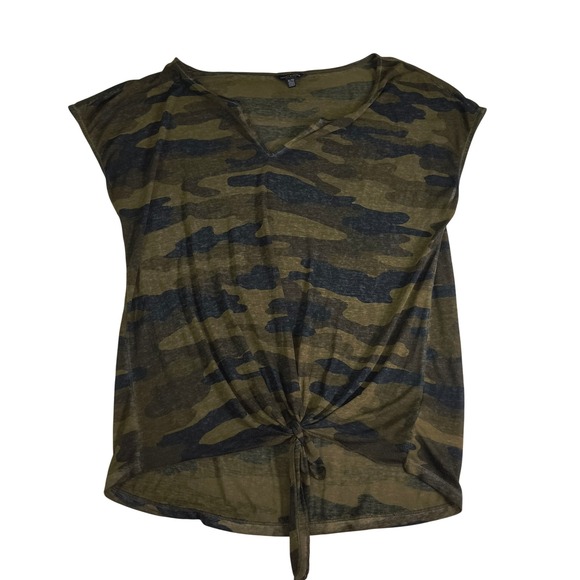 Lucky Brand Tops - Lucky Brand Womens XL Camo Print Front Tie V-Neck Cap Sleeve‎ Burnout Tee Olive